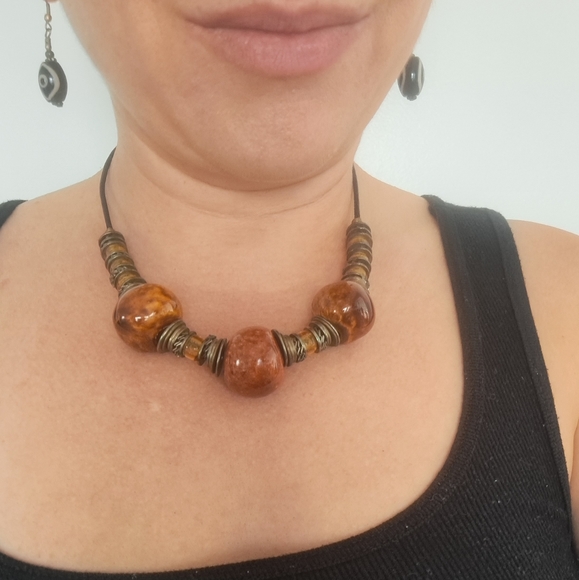 Amber Earth Tone Artisan Beaded Necklace Ceramic Metal Glass on Cord 17 in - Picture 2 of 5